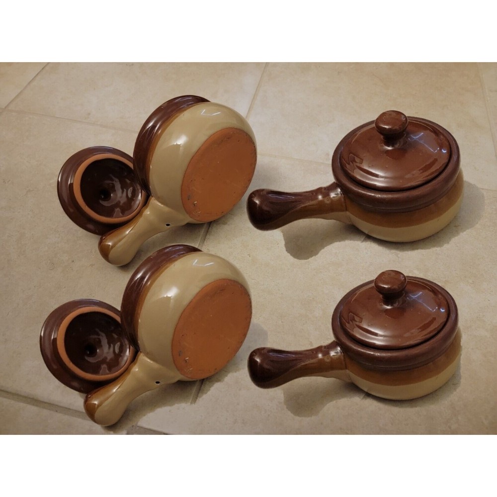 Set of 4 French Onion Soup Chili Crocks Handled Bowls Lids Brown Glazed …
